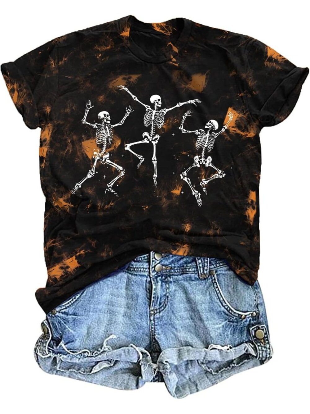 🆕 Women's Black Orange Dancing Skeleton Tie Dye Halloween Graphic Tee